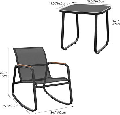 YITAHOME 3 Piece Rocking Bistro Set, Outdoor Patio Furniture Set with Wooden Armrests, Porch Chairs Set with Glass Table for Lawn, Garden, Balcony, Poolside, Dark Gray - LeafyLoom