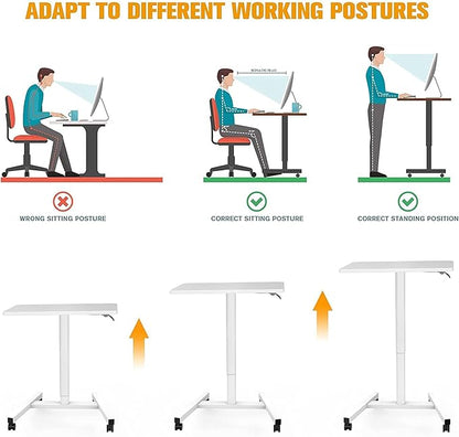 Rolling Desk with Adjustable Height, Sit-to-Stand Desk with Lockable Wheels, 28-Inch Rolling Standing Mobile Desk Cart for Home Office Classroom (White) - LeafyLoom