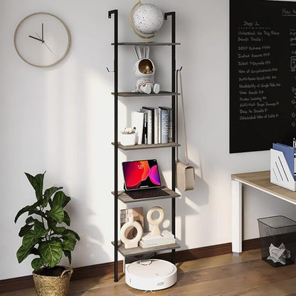 Retro Bookshelf Wall Mounted 5-Tiers Ladder Shelf Dark Grey Narrow Thin Bookshelf Farm House Open Display Storage Rack for Living Room Bedroom Home Office - LeafyLoom