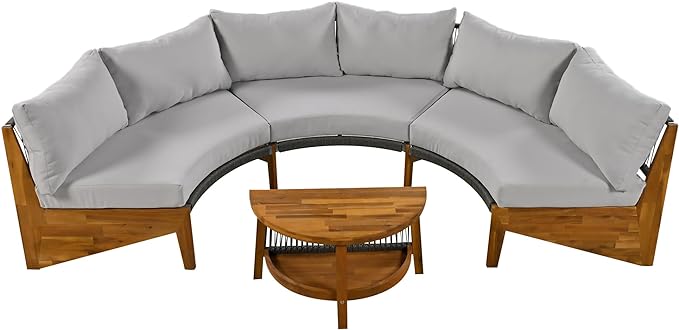 Merax Outdoor Sectional Patio Furniture Sets, Half Moon All Weather Wicker Seating Group, with Cushions and Round Coffee Table, Grey - LeafyLoom