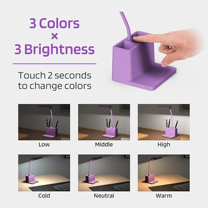 AXX Purple Desk Lamp, Study Lamp/Desktop Lamps for Small Spaces - Small, Battery Operated, Rechargeable, Cute, Gooseneck, Mini, Cordless - College Dorm Room/Home Office Desk Accessories - LeafyLoom