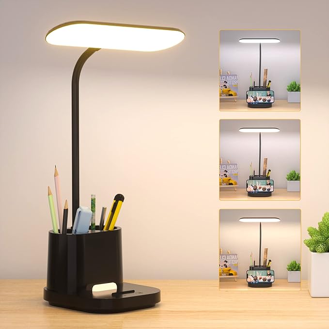 YOUKOYI LED Desk Lamps for Kids, Small Desk Lamps with Pen Holder, 3600mAh Battery Operated Desk Lamp 3Color Modes Stepless Dimming Cute Desk Lamp, Gooseneck Desk light for Home Office, Reading, Study - LeafyLoom