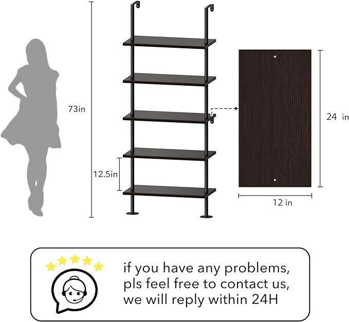 Ladder Shelf Bookcase 5 Tier, Extra Sturdy Modern Bookshelf Wall Mounted, Tall Black Open Book Shelf, Standing Industrial Metal Frame with Wooden Shelves - LeafyLoom