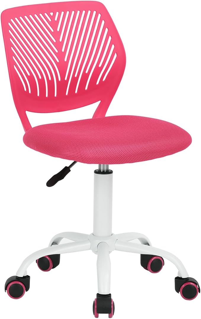 Desk Chair Armless Small Study Chairs Armless for Child Kids Teens, Ergonomic Swivel Rolling Lightweight Task Chair with Wheels and Mesh Padded Cushion, Pink - LeafyLoom