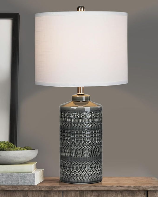 Modern Ceramic Table Lamp, 24.5" Living Room Lamps 3-Way Dimmable Gray Nightstand Lamp with White Shade|Tall Bedside Lamp Desk Decor Lamps for Bedrooms Farmhouse Office End Table Lamps(Bulb Included) - LeafyLoom