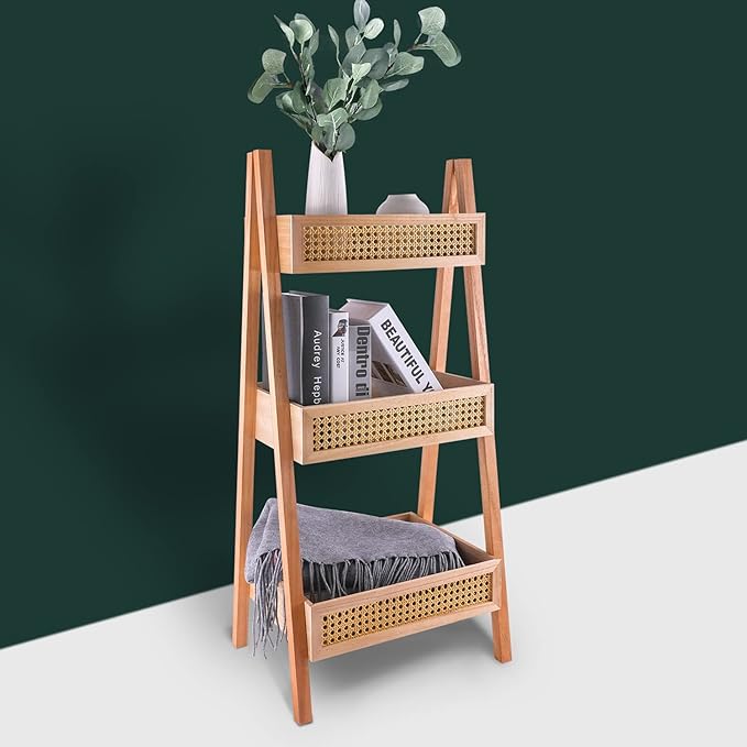 ZYBT Ladder Bookshelf, 3-Tier Rattan Bookshelf, Free Standing Bookcase, Blanket Ladder, Wood Organizer Storage Shelves for Living Room Bedroom Kitchen Bathroom Balcony and Home Office - LeafyLoom