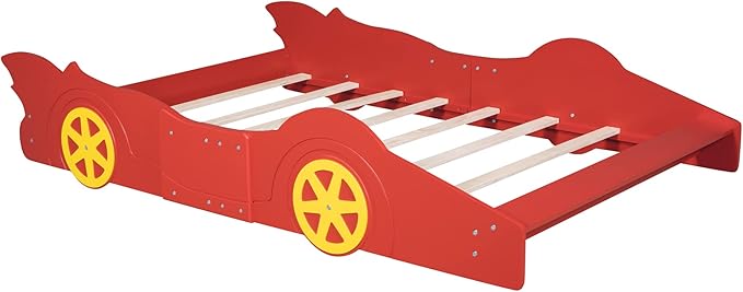 Car Shaped Toddler Bed with Wheels,Racecar Platform Beds W/Safety Guardrail,Slats Support,Stylish Design,Easy Assembly,Wood Full Bedframe for Boys Toddlers Kids Teens Bedroom,Red - LeafyLoom