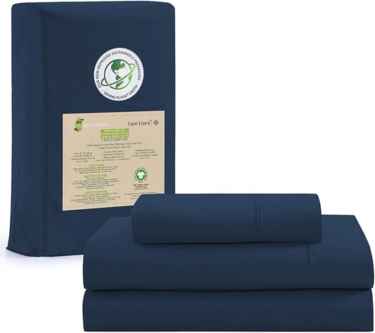 LANE LINEN 100% Organic Cotton Twin XL Sheets Set 3-Piece Pure Percale Bedsheets Soft Bedding Breathable Fits Mattress Upto 15" Deep - Estate Blue - LeafyLoom