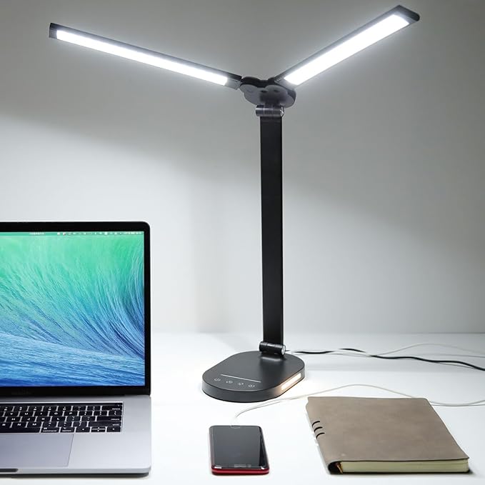 LED Desk Lamps for Home Office, 14W Double Swing Arm Desk Lamp with USB Charging Port, Eye-Caring Architect Task Lamp, Touch Control Desktop Lamp with Night Light Table Light for Work Study Craft - LeafyLoom