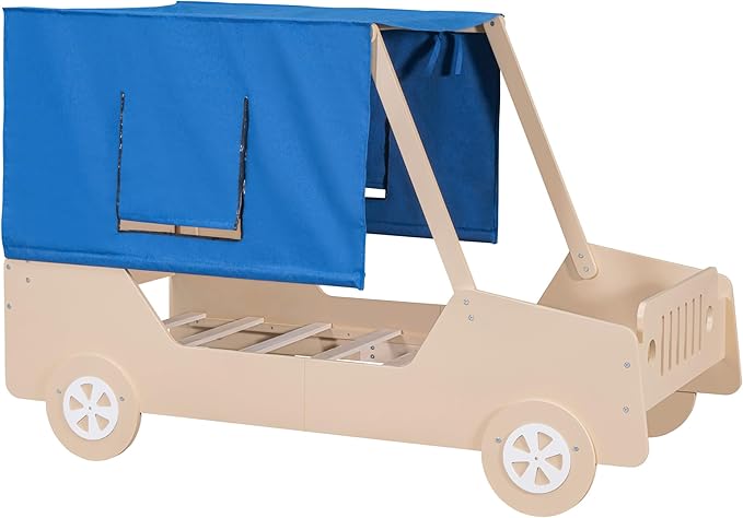 Twin Size Race Jeep Car Bed Platform Bed with Tent Canopy and Wheels,Wood Bed Frame W/Raised Bed Design,for Kids Boys Girls Teens,White+Natural - LeafyLoom