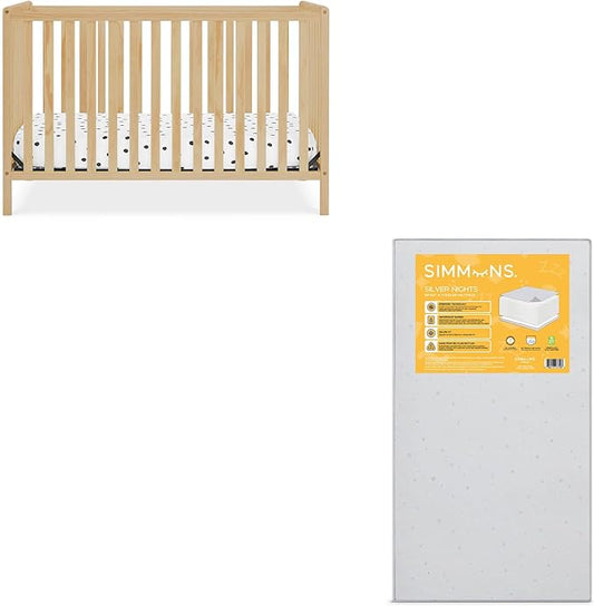 Delta Children Heartland 4-in-1 Convertible Crib, Natural + Twinkle Galaxy Crib and Toddler Mattress (Bundle) - LeafyLoom