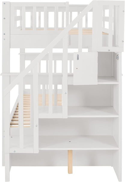 Twin Over Twin Bunk Bed with Stairs Storage and Trundle, Stairway Wooden 3 Bedframes in 1 with Safety Guardrails, for Kids Teens Adult Bedroom, White - LeafyLoom