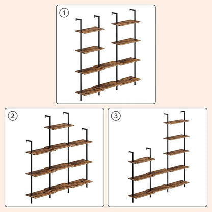 HOOBRO DIY Ladder Shelf, 5-Tier Wooden Wall Mounted Bookshelf, Narrow Bookcase, Display Shelf, Storage Rack, Plant Stand, for Living Room, Bedroom, Study, Balcony, Rustic Brown and Black BF531CJ01 - LeafyLoom