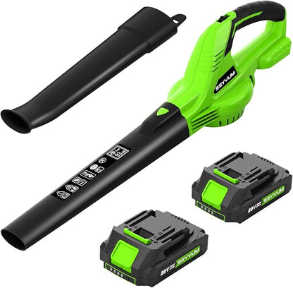 SEYVUM Leaf Blower, 20V Cordless Leaf Blower with 2 Pcs Battery, Electric Leaf Blower for Lawn Care, 320CFM 150MPH Battery Powered Leaf Blower, for Patio, Garden Cleaning, Fast Charger Included, Green - LeafyLoom