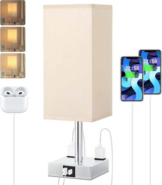 Touch Bedside Table Lamp For Nightstand - 3-Way Dimmable Night Lamp with USB A + Type C Charging Ports and two AC Outlets, Small Desk Light with E26 LED Bulb for Bedroom Living Room Dorm Office - LeafyLoom