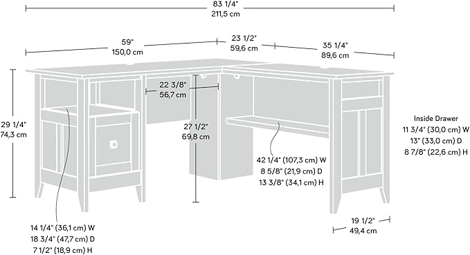 Sauder August Hill L-Shaped Home Office Desk, L: 59.06" x W: 58.74" x H: 29.25", Mystic Oak finish - LeafyLoom