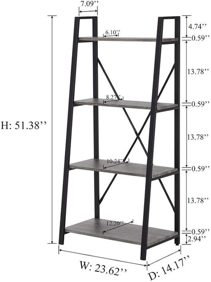 BON AUGURE Rustic Ladder Bookshelf, 4 Tier Industrial Ladder Shelf Bookcase, Standing Leaning Book Shelves for Living Room (Dark Gray Oak) - LeafyLoom