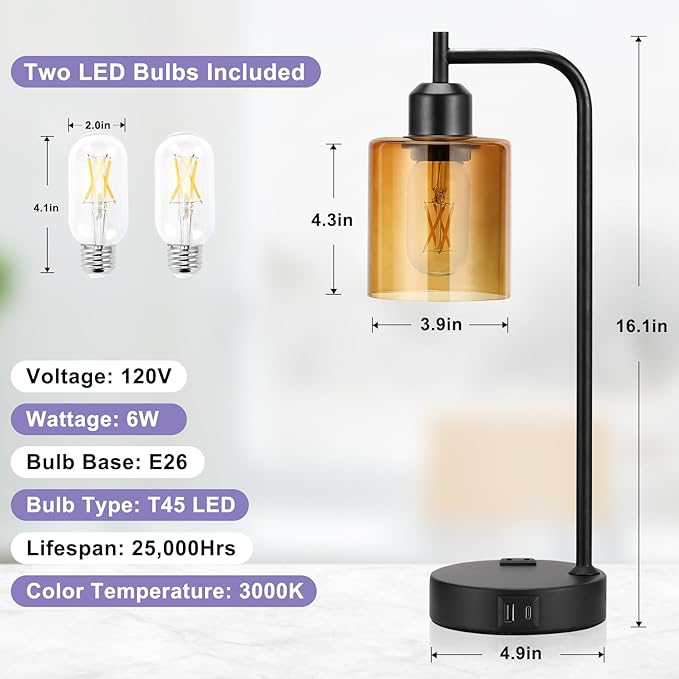 Industrial Touch Nightstand Lamps for Bedrooms Set of 2 - 3-Way Dimmable Table Lamps with USB C+A Ports and Outlet, Bedside Lamps with Amber Glass Shade for Living Room, Desk Lamps for Home Office - LeafyLoom