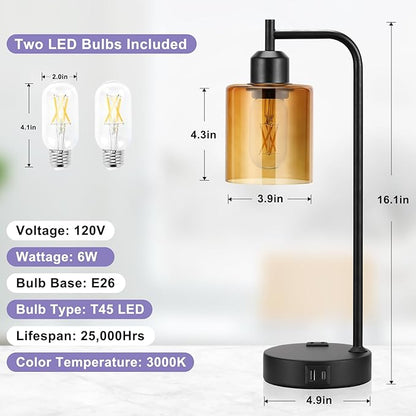 Industrial Touch Nightstand Lamps for Bedrooms Set of 2 - 3-Way Dimmable Table Lamps with USB C+A Ports and Outlet, Bedside Lamps with Amber Glass Shade for Living Room, Desk Lamps for Home Office - LeafyLoom