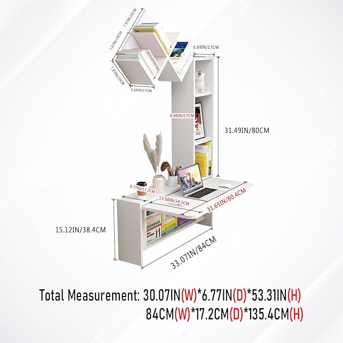 Folding Wall Mounted Drop Leaf Table, Foldable Desk with Moveable Cabinets, Floating Laptop with Convertible Storage Shelves, Multifunctional Computer Workstation in Home for Space Saving - LeafyLoom