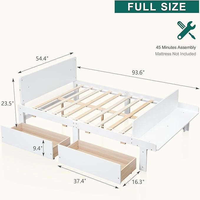 Dolonm Full Bed Frames for Kids with 2 Drawers, Storage Platform Bed with Footboard Bench, Twin Kids Bed Headboard Frame Pine Wood, High Stable, No Box Spring Needed, Twin Bed for Kids, White - LeafyLoom