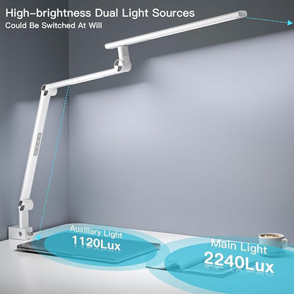 LED Desk Lamp, Desk Light for Home Office, Dual Light Source 18W Brightest, Eye-Caring Optical Lens, Office Lamp, 5 Color Modes & Brightness, Aluminum Alloy Drafting Light, Clamp Lamp, White - LeafyLoom