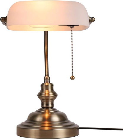 Newrays White Matted Glass Bankers Desk Lamp with Pull Chain Switch Plug in Fixture - LeafyLoom