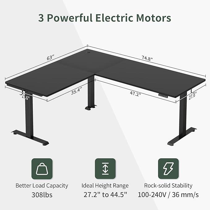 FEZIBO 75 Inches, Supports over 300mlbs, L Shaped Standing Desk Reversible, Electric Height Adjustable Corner Stand up Desk, Sit Stand Desk Computer Workstation, Black Frame/Black Top - LeafyLoom