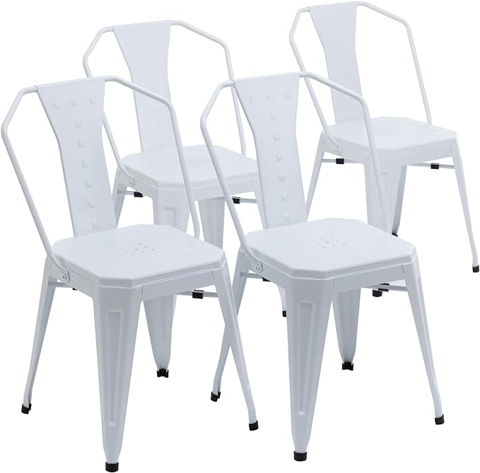 Modern Dining Chair Set of 4, Stackable Metal Chairs, Waterproof Counter Bar Chairs with High Backrest, Quick Assembly Cafe Chairs, Tolix Style for Home, Kitchen and Bar Use, White - LeafyLoom