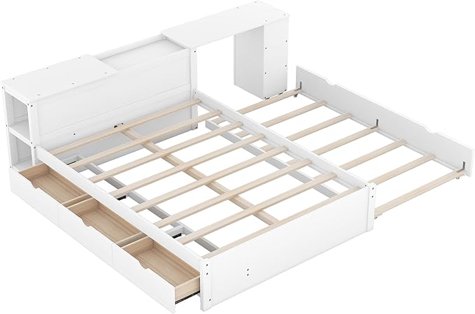 Wood Full Size Platform Bed with Headboard W/Build-in Rolling Desk, Full Bed Frame with Trundle Bed and Storage Drawers for Teens Kids Adults, No Box Spring Needed, White - LeafyLoom