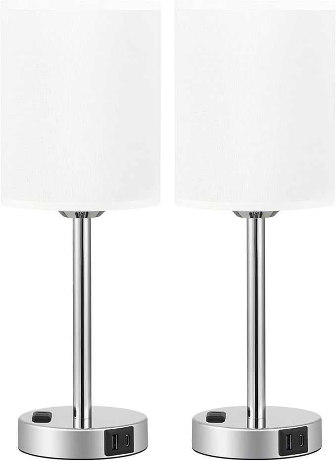 Touch Lamps for Bedrooms Set of 2 White - 3 Way Dimmable Bedside Lamp with USB C and A Ports and Outlets, Modern Nightstand Lamp with Linen Shade and Silver Base, Small Table Lamps for Kids Nursery - LeafyLoom