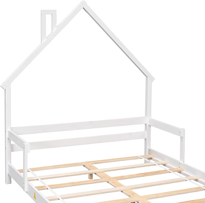 Full Size Bed Frame for Kids,House-Shaped Headboard Kids Bed,Girls Bed with Handrails,Low Platform Bed for Boys Girls,No Box Spring Needed(White) - LeafyLoom