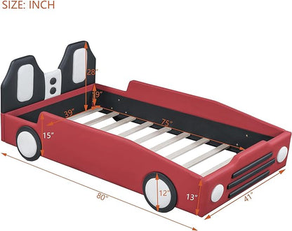 Twin Size Car Bed for Boys,Race Car-Shaped Wooden Platform Bedframe with Wheels & Safety Guardrail,Slats Support,Easy Assembly,Fun Play for Kids Toddlers Child's Bedroom,Red PU - LeafyLoom