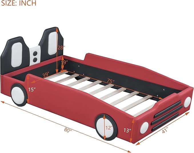 Twin Size Race Car Bed Platform Bed with Wheels and Side Rails,Bed Frame W/Headboard & Slats Support,for Kids Boys Girls Teens,Red - LeafyLoom