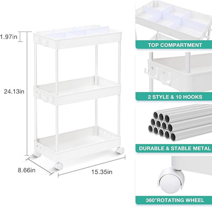 TOOLF Rolling Storage Cart, 3 Tier Utility Cart on Wheels, Bathroom Rolling Cart Organizer with Divider & Hooks, Mobile Shelving Unit Storage Cart for Laundry Kitchen Dorm, White - LeafyLoom