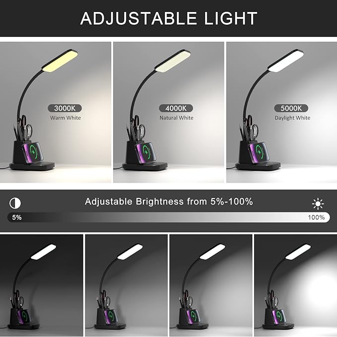 Desk Lamp for Home Office, LED Desk Lamp with Wireless Charger Pen Holder, Dimmable Desk Light with 3 Color Modes, Black Office Lamp for Dorm - LeafyLoom