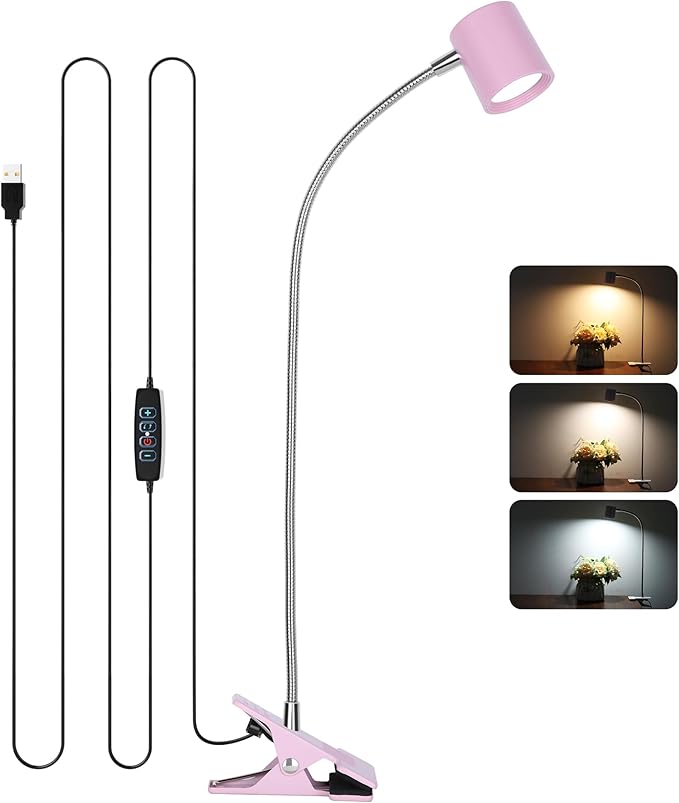 Dott Arts Desk Lamp,USB Clip On Light with 3 Color Modes,LED 10 Levels Brightness Reading Lamp, 360°Gooseneck Book Light,Eye-Care Reading Light for Home Office,Headboards Pink - LeafyLoom