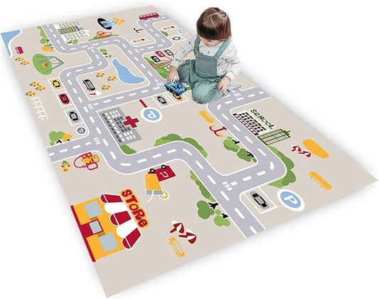 kid rug carpet playmat for toy cars and trains,road traffic kids play area rug,city Life town play Mat for Playroom Bedroom Boys,Children's Educational Fun Throw Rug with Rubber Backing 47X71IN - LeafyLoom