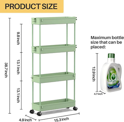 SPACEKEEPER Slim Rolling Storage Cart 4 Tier Bathroom Organizer Utility Cart Mobile Shelving Unit Tower Rack for Kitchen, Laundry Room, Bathroom, Narrow Places, Green - LeafyLoom