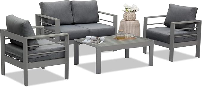 Wisteria Lane Outdoor Patio Furniture Set, 4 Pieces Aluminum Sectional Sofa, Metal Patio Conversation Set with Loveseat, 5 Inch Grey Cushion and Coffee Table (Dark Grey & Grey) - LeafyLoom