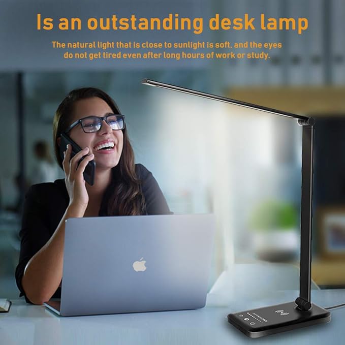 LED Desk Lamp with Wireless Charger, USB Charging Port, Dimmable Eye-Caring Desk Light with 5 Brightness Levels & 5 Lighting Modes, Touch Control, Auto Timer (Black) - LeafyLoom