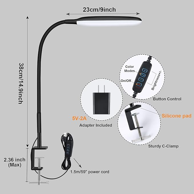 LED Desk Lamp with Clamp, 10W Flexible Gooseneck Swing Arm Clip Lamp with USB Plug, 3 Color Modes, 30 Brightness Levels, Eye-Caring Portable Desk Light for Home Office Reading Working (Black) - LeafyLoom