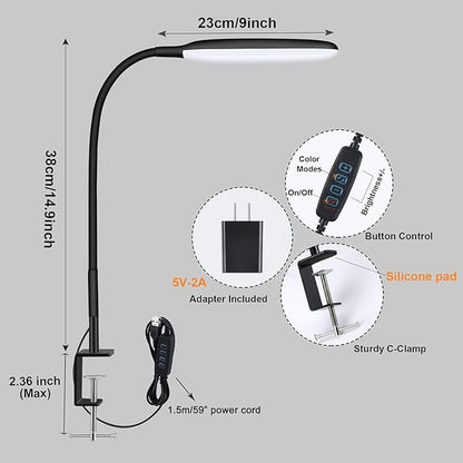 LED Desk Lamp with Clamp, 10W Flexible Gooseneck Swing Arm Clip Lamp with USB Plug, 3 Color Modes, 30 Brightness Levels, Eye-Caring Portable Desk Light for Home Office Reading Working (Black) - LeafyLoom