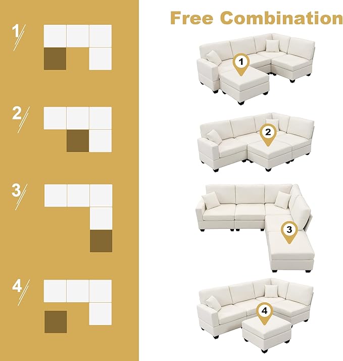 89.8" Modern Sectional Sofa with Convertible Ottoman and 2 Pillows,L-Shape Linen Fabric Corner Couch 5 Set W/Back & Cushion,can Hold up to 330 Lbs,for Apartment,Living Room,Beige - LeafyLoom