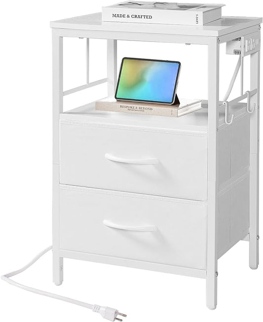 Nightstand with Charging Station, Side Table with Fabric Drawers and Open Shelf, Night Stand for Bedroom Decor, Bedside Table with USB Ports & Outlets (White,1) - LeafyLoom