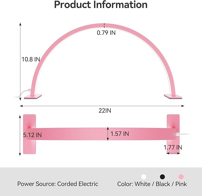 22INCH Half Moon Light for Nail Desk, LED Nail Tech Lamp Lash Light for Nail Tech Eye Tech, Dimmable Lamp with Touch Controller, 3 Color Mode, 3000-6000K (Pink) - LeafyLoom