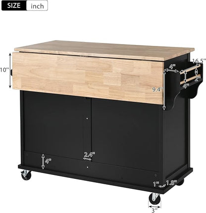 Kitchen Island Cart, with a Flatware Organizer, 5 Wheels and Rubber Wood Countertop, 8 Handle-Free Drawers,Adjustable Height & Concealed Sliding barn Door for Dinning Room, Coffee Bar - LeafyLoom