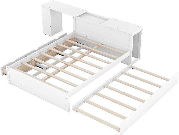 Wood Full Size Platform Bed with Headboard W/Build-in Rolling Desk, Full Bed Frame with Trundle Bed and Storage Drawers for Teens Kids Adults, No Box Spring Needed, White - LeafyLoom