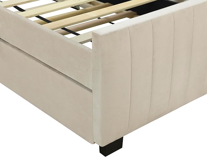 Twin Bed Frame with Trundle Bed,Velvet Upholstered Bed Frame,Twin Size Trundle Bed with Headboard,Upholstered Platform Bed Twin for Kids Teens Adults(Beige) - LeafyLoom