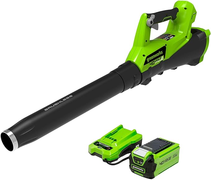 Greenworks 40V (115 MPH / 430 CFM) Brushless Axial Leaf Blower, 2.0Ah Battery and Charger Included - LeafyLoom